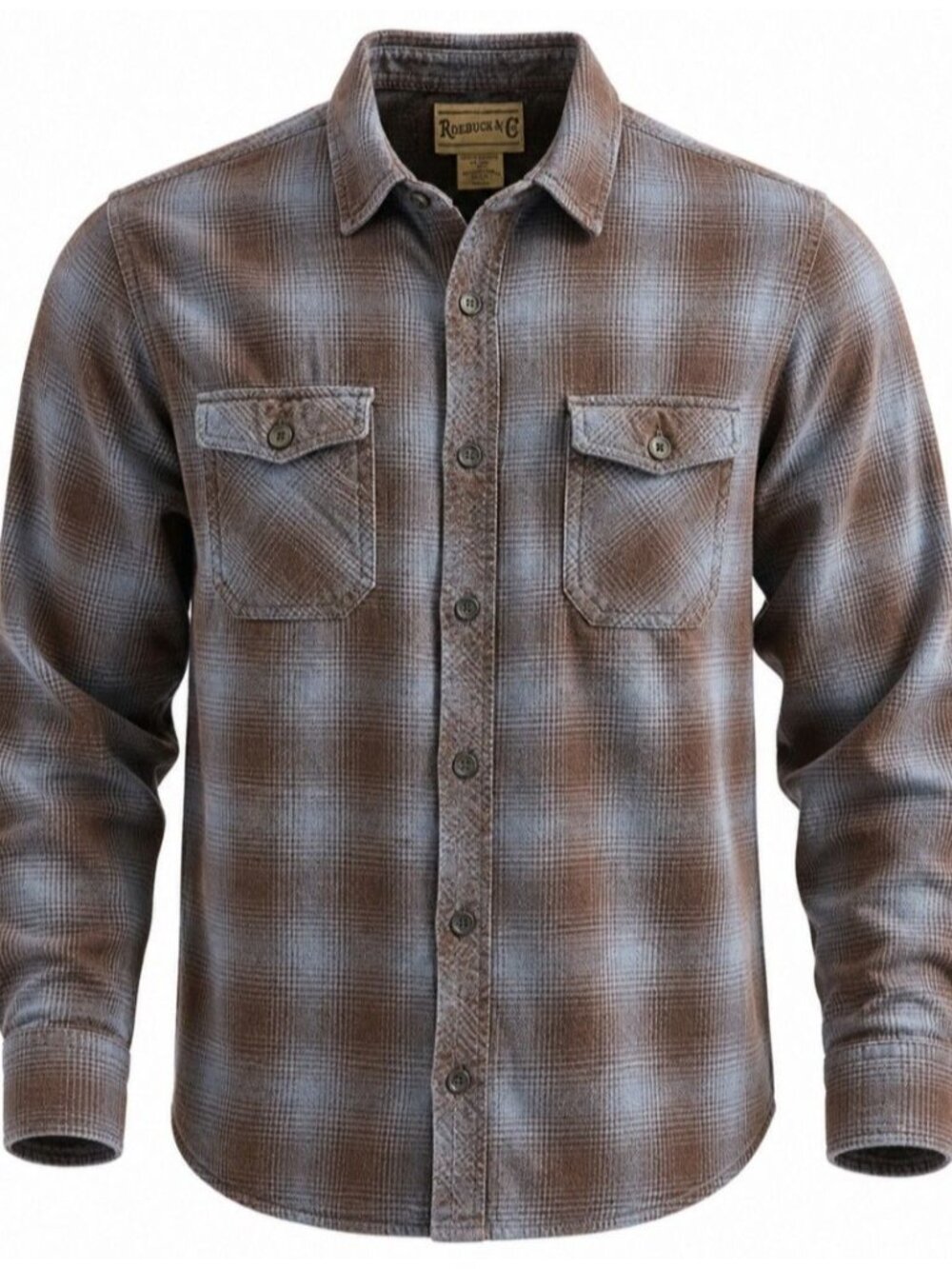 Roebuck & Co Heavy Flannel Shirt Mens XL Brown Plaid Workwear Button Up Cotton